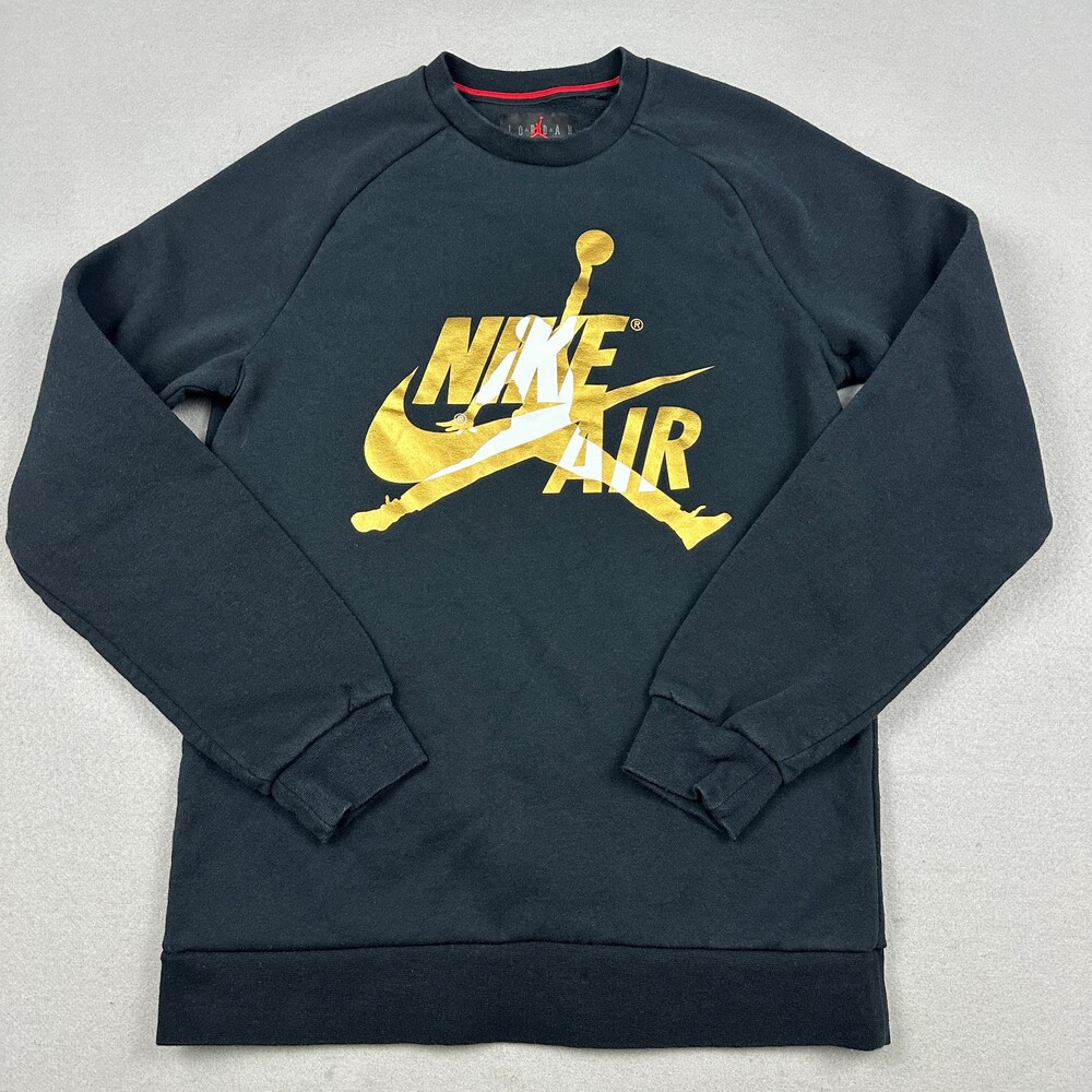 Jordan Sweatshirt Men Medium Black Metallic Gold Air Jumpman Graphic Crewneck M
